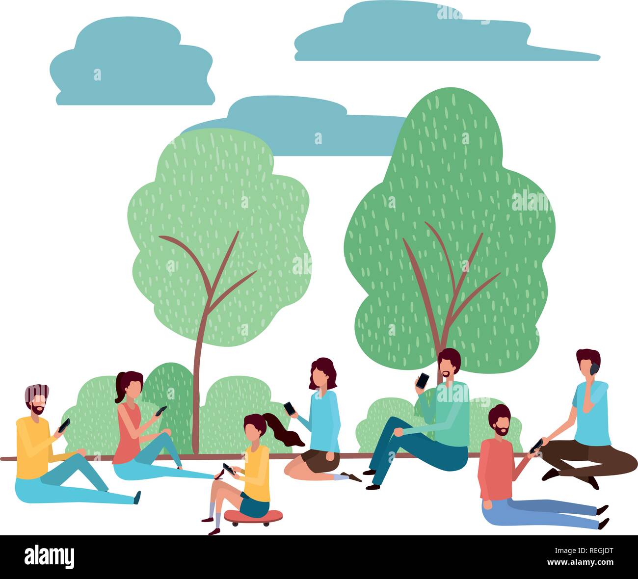 group of people with smartphone in landscape character Stock Vector ...