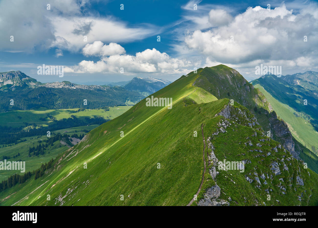 Swiss Alps landscape panorama of Hardergrat ridge trail /hike, Switzerland Stock Photo