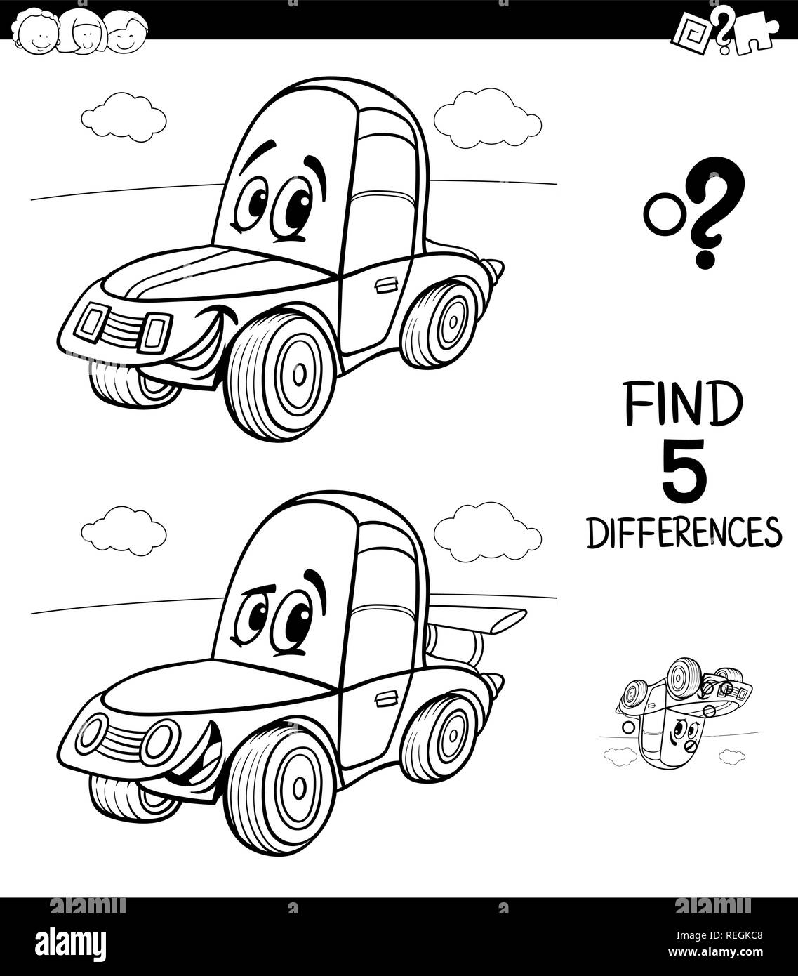Black and White Cartoon Illustration of Finding Five Differences Between  Pictures Educational Game for Children with Funny Racing Car Coloring Book  Stock Vector Image & Art - Alamy