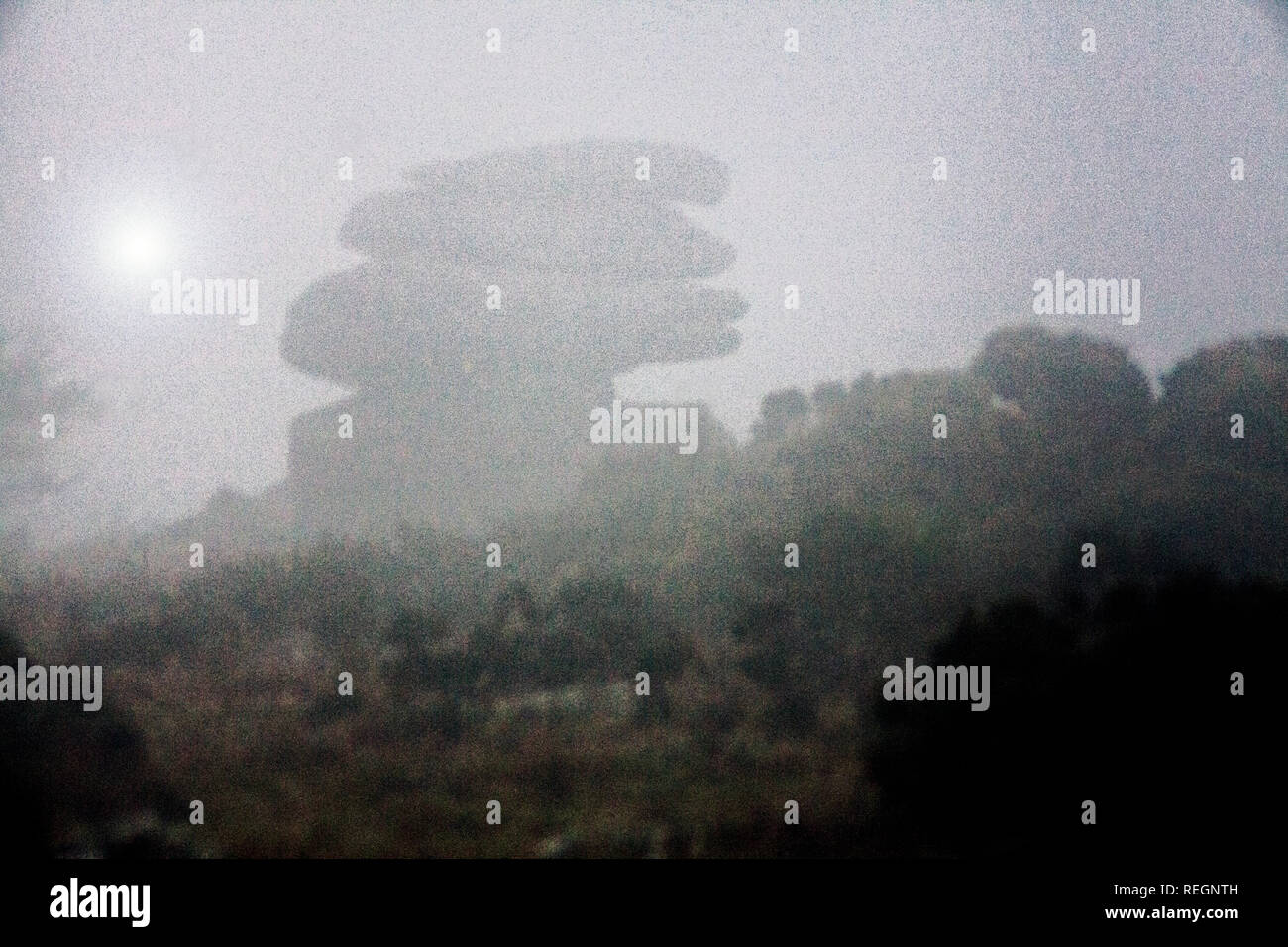granite stones stack, in the mist and fog ,Bodmin moor,Cornwall Stock ...