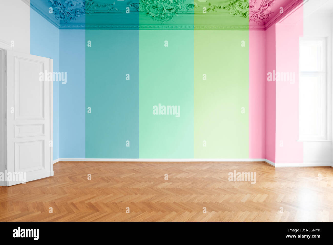 flat renovation concept, colored room with wall paint color variations Stock Photo