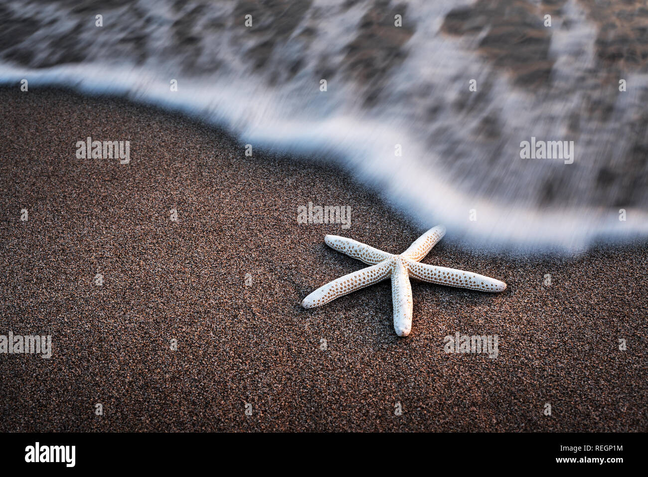 Amazing Mediterranean seascape with golden sand and blue waves. Summer vacations background Stock Photo