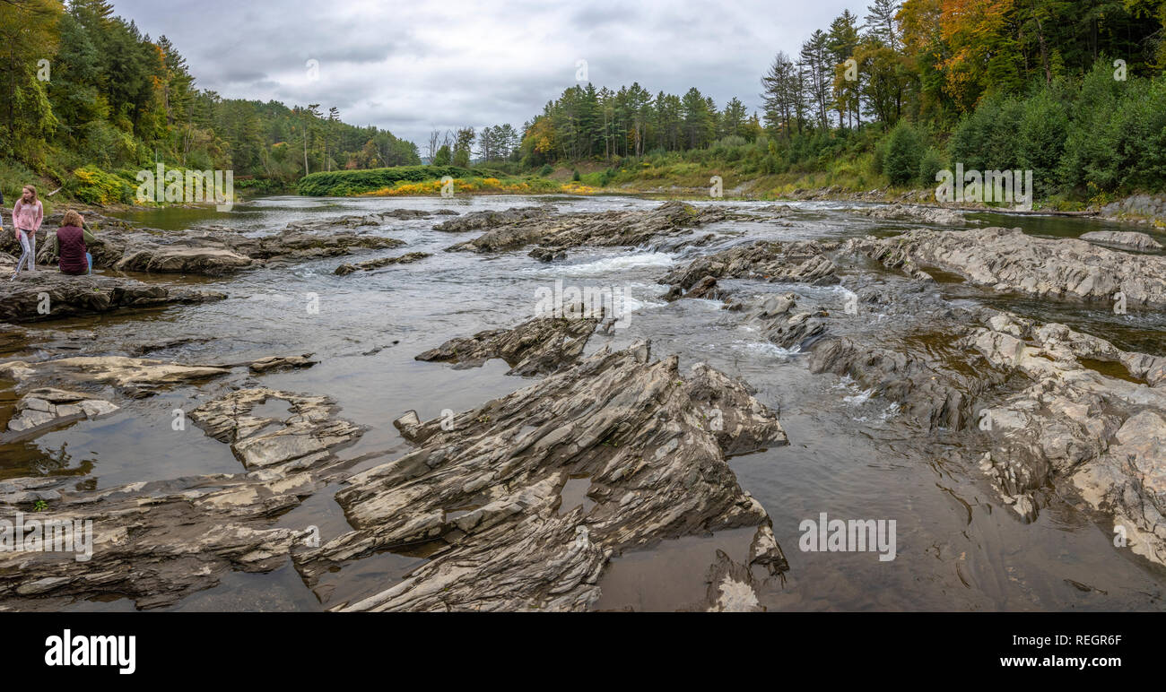 Exposed bedrock on Quechee River at Quechee Gorge bottom, near Woodstock, vermont Stock Photo