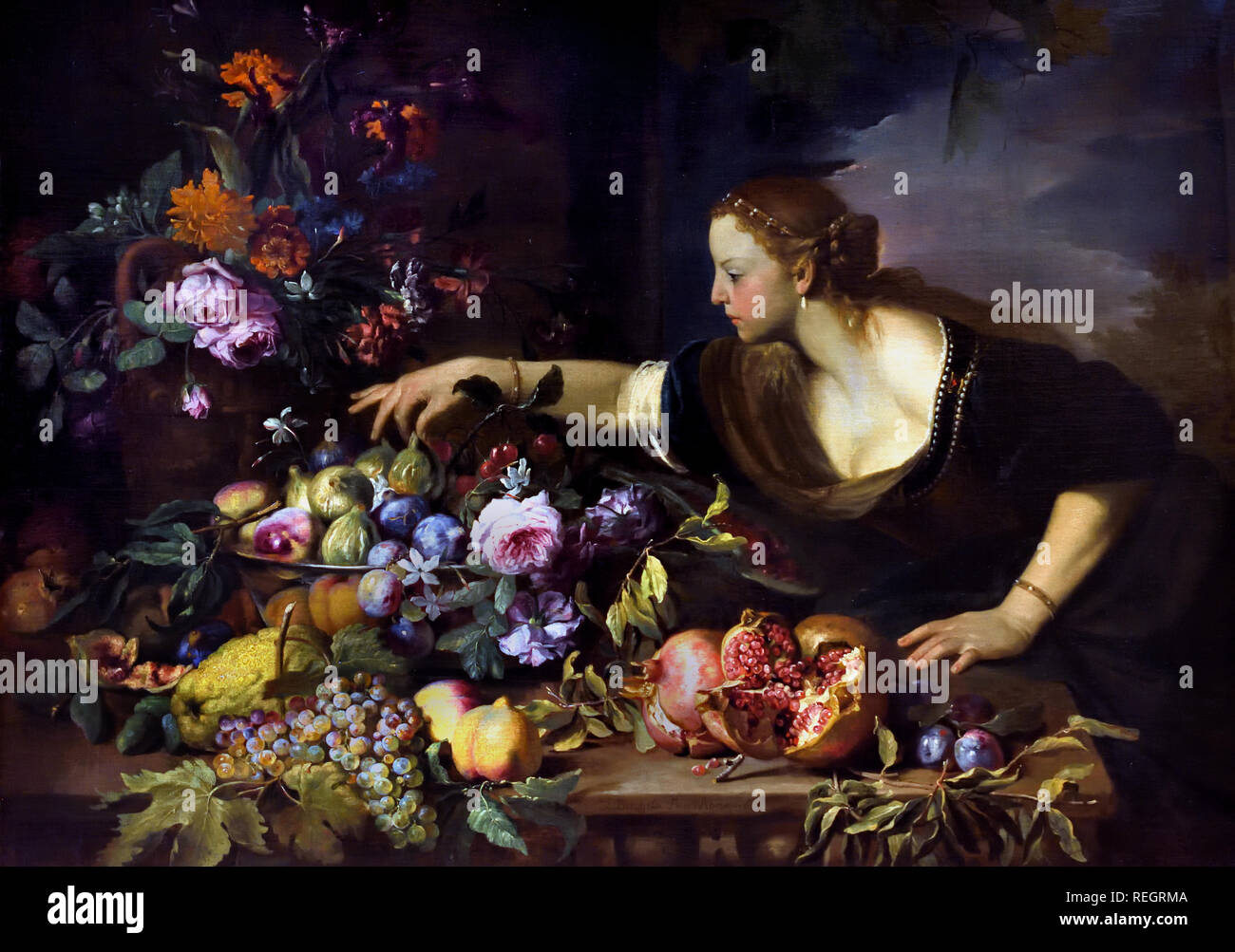 Woman Grasping Fruits 1669 Abraham Brueghel 1631-1669 Belgian, Belgium, Flemish, Stock Photo