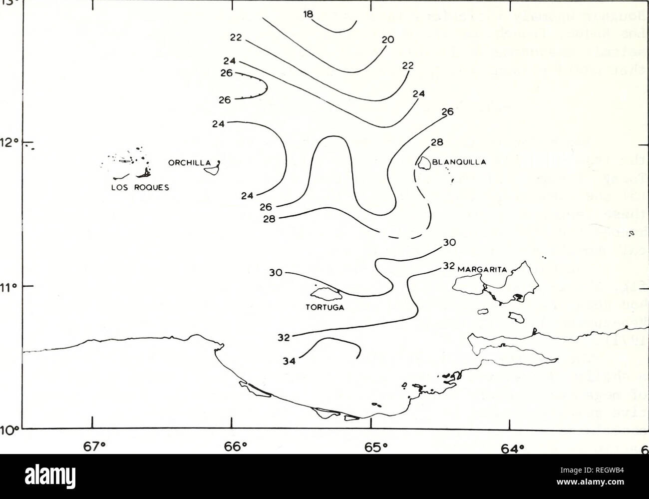 . Collected reprints / Atlantic Oceanographic and Meteorological Laboratories [and] Pacific Oceanographic Laboratories. Oceanography Periodicals.. 13. 63« Figure 44. Contour map of the depth below sea level to the top of the mantle. Contour interval 2 km. tectonic element were noted by Nagle (1971), who, in fact, questions the southwest extension of the volcanic arc on the basis of dissimilarity between the rock types of Grenada (unmetamorphosed Tertiary sediments, basalts, and andesites) and Margarita (highly metamorphosed Jurassic- Cretaceous sediments and intrusives. Another explanation for Stock Photo
