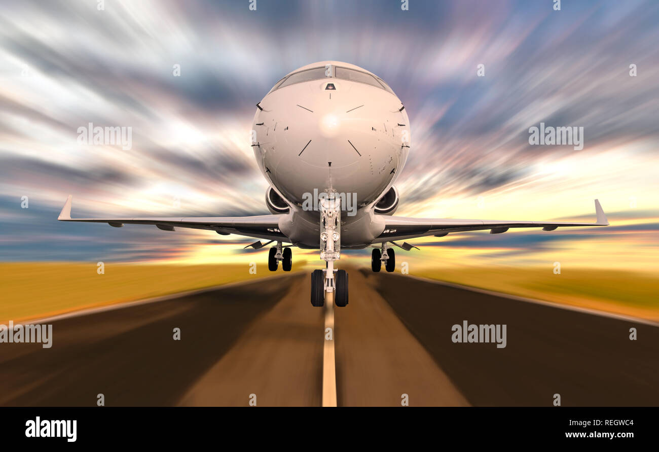 Front of Private Jet Plane Taking off with Motion Radial Blur. Sunset Scene Stock Photo