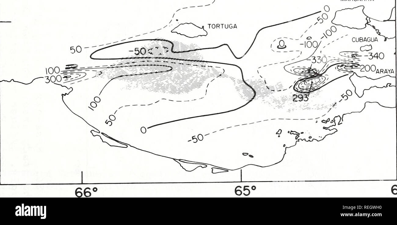 . Collected reprints / Atlantic Oceanographic and Meteorological Laboratories [and] Pacific Oceanographic Laboratories. Oceanography Periodicals.. I3°00 Figure 28. Determination of the regional magnetic field from the values of the total intensity ohart along 65°00'W and 65°35'W. II I0C ----- 50 MARGARITA -inn ''' CUBAGUA *v&quot;&quot;. 64* Figure 29. Magnetic total intensity anomaly map of the conti- nental shelf off north-central Venezuela. Shaded area: Cariaco Basin below 500 fm. 697. Please note that these images are extracted from scanned page images that may have been digitally enhanced Stock Photo