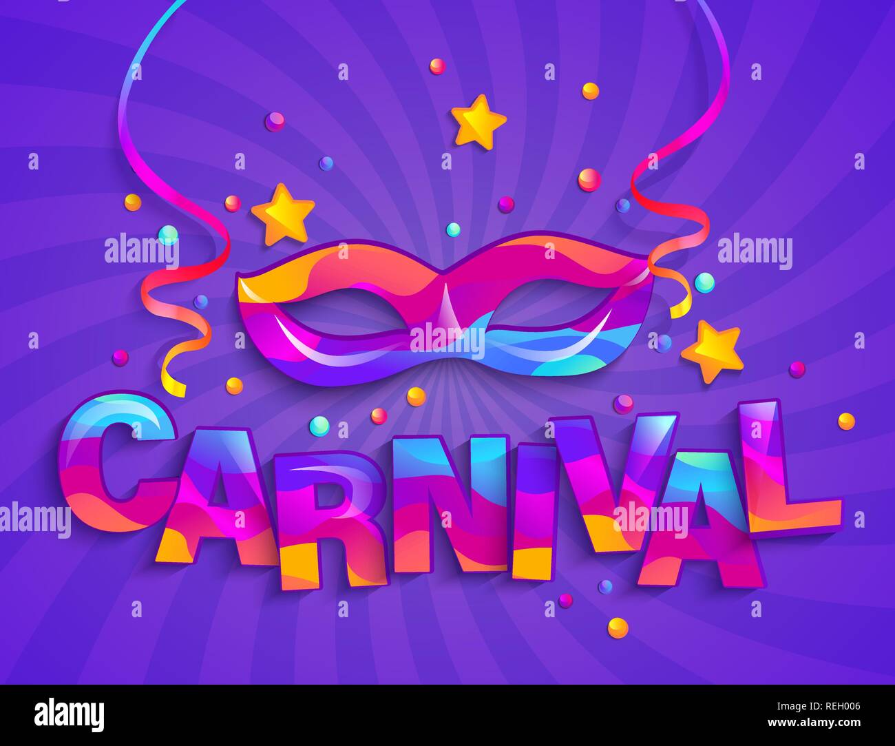 Colorful Mask for carnival festive on sunburst background. Traditional masque for carnaval, fesival,masquerade,parade.Template for design invitation card,flyer poster,banners. Vector illustration Stock Vector