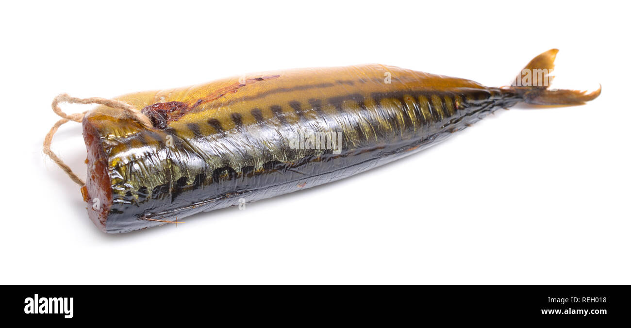 Smoked Scomber fish isolated on white background. Stock Photo
