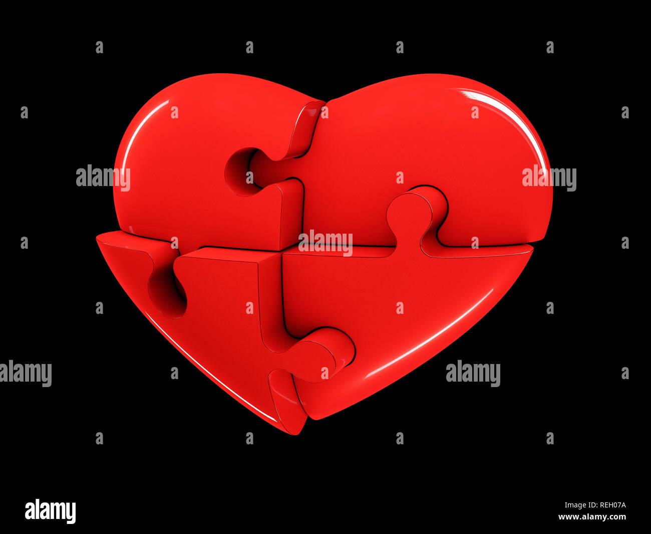 Red jigsaw puzzle heart diagram 3d illustration isolated on black