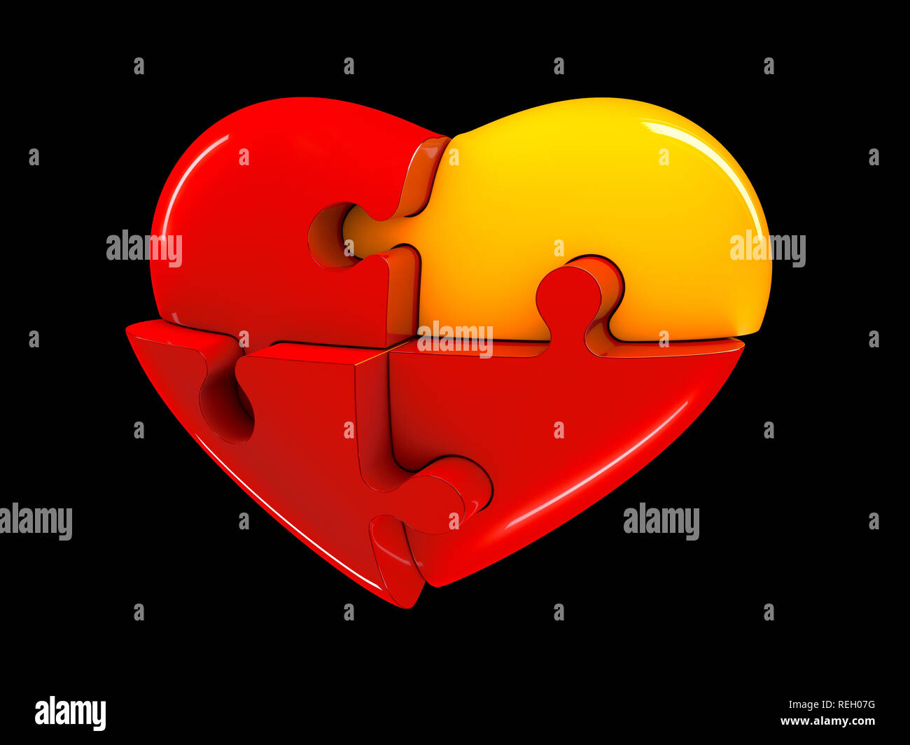 Red And Yellow Jigsaw Puzzle Heart Diagram 3d Illustration Isolated