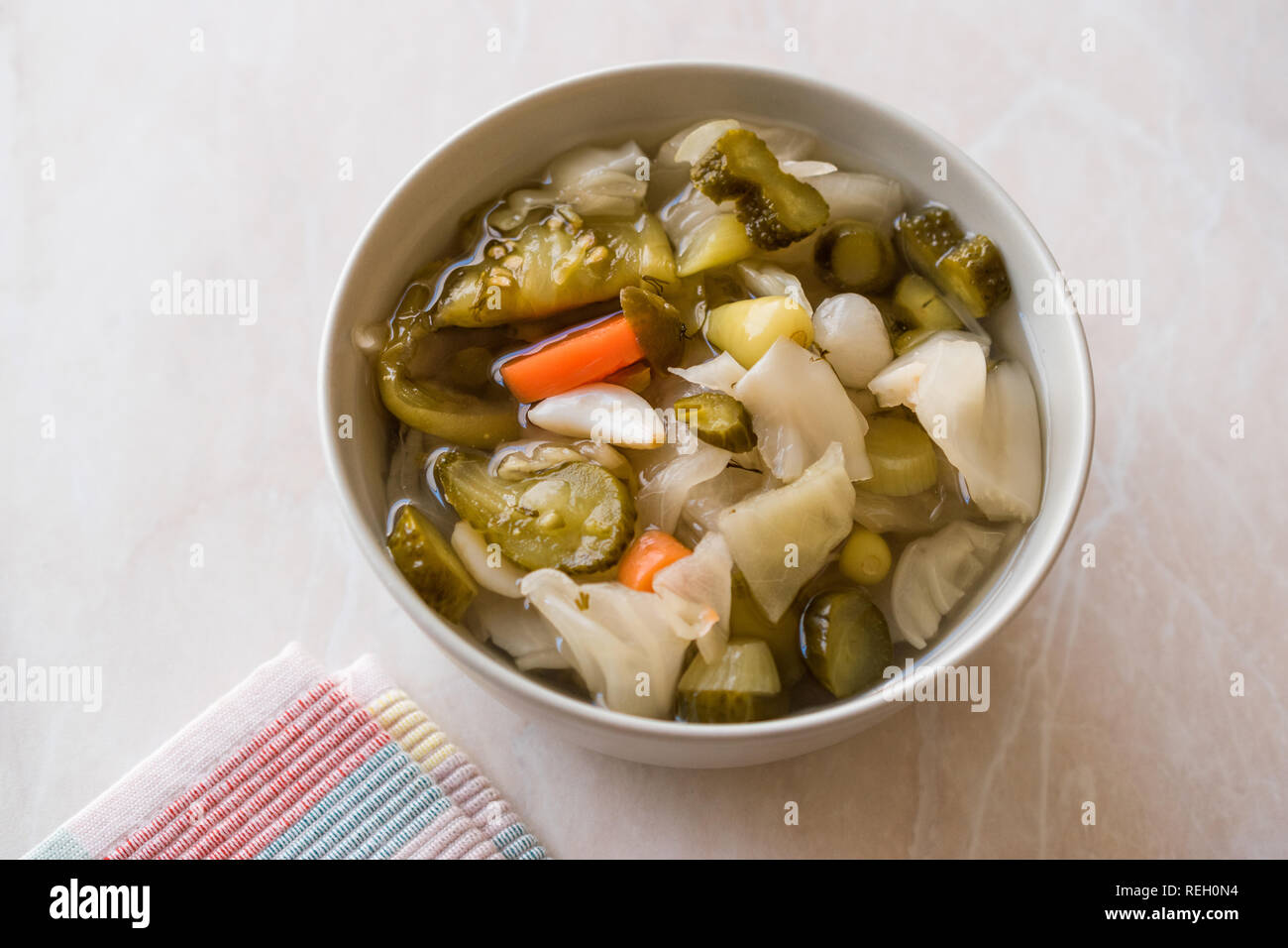 Mix of Turkish Pickles with Hot Green Pepper, Cabbage, Sauerkraut