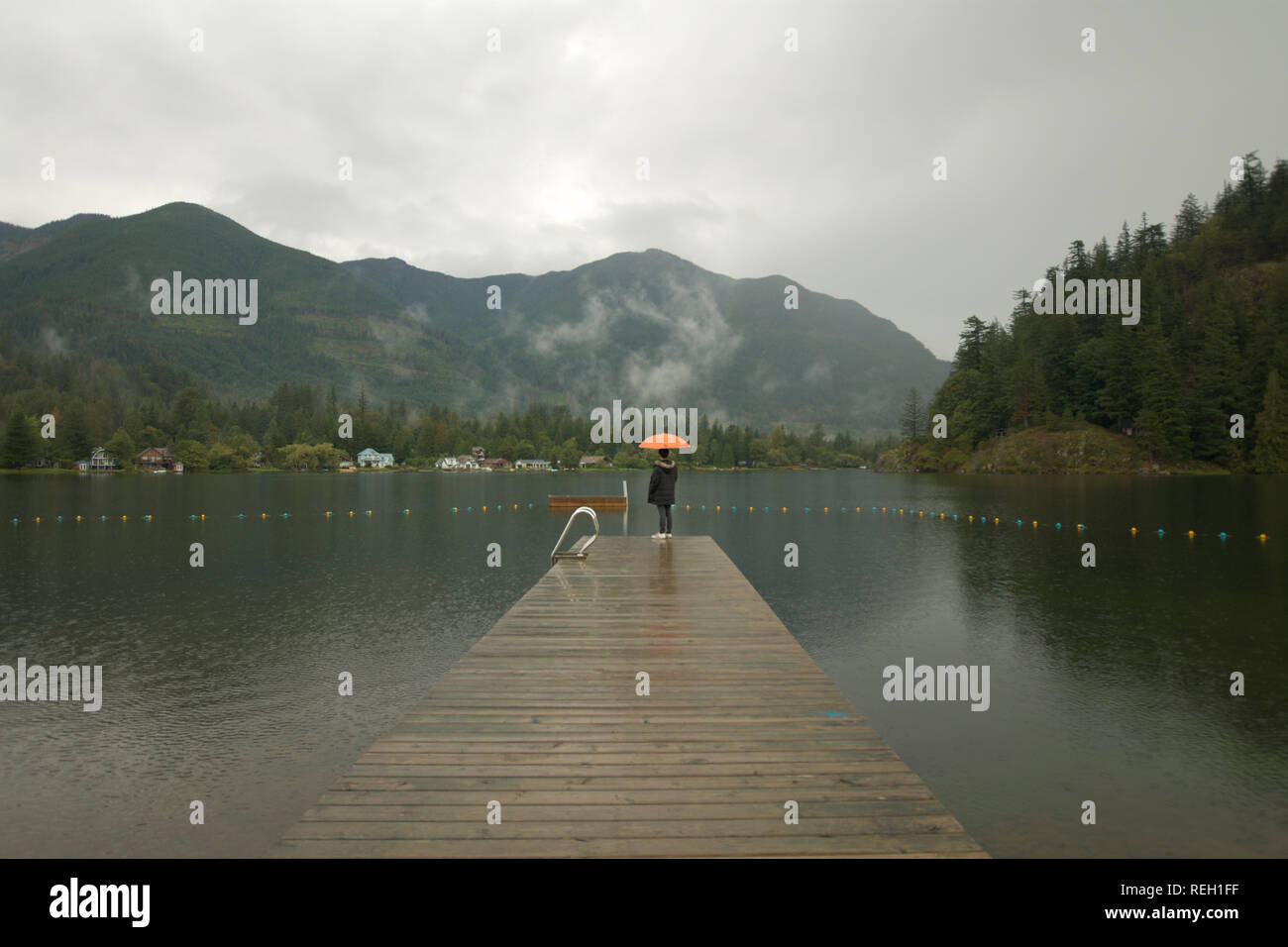 Rainy day on the dock at Lake Errock, Mission, BC, Canada Stock Photo
