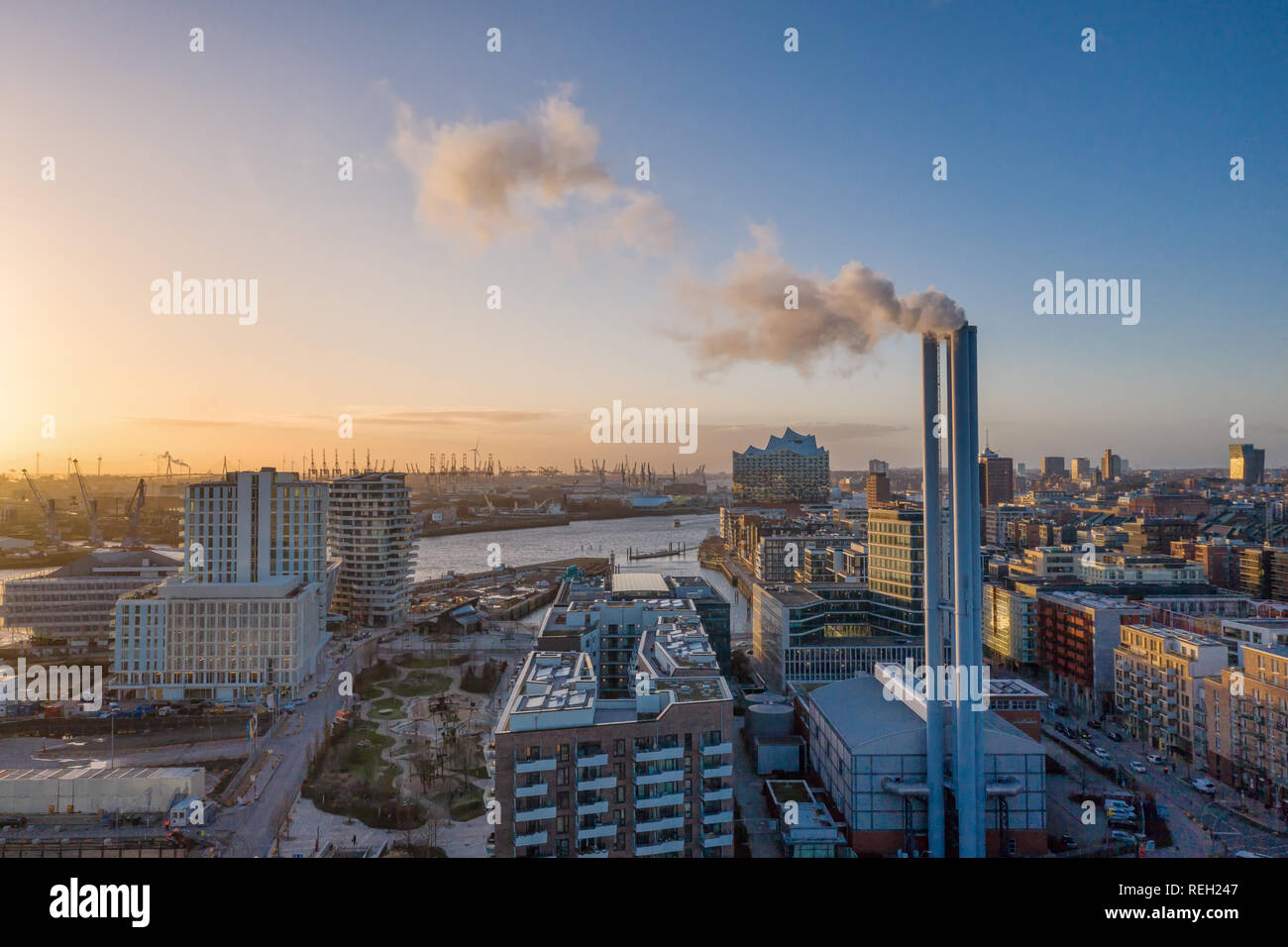 smokestack of a heat and power plant in the Hafencity district of Hamburg Stock Photo