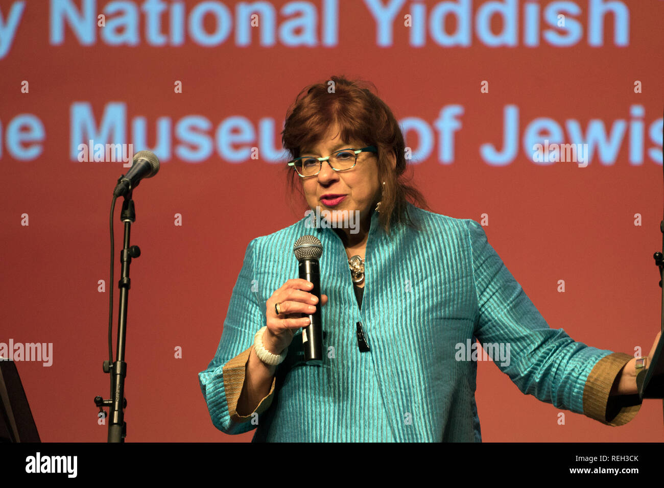 Susannah Heschel, daughter of Rabbi Abraham Joshua Heschel, introducing a program of music honoring her father's friend, Dr. Martin Luther King, Jr. Stock Photo