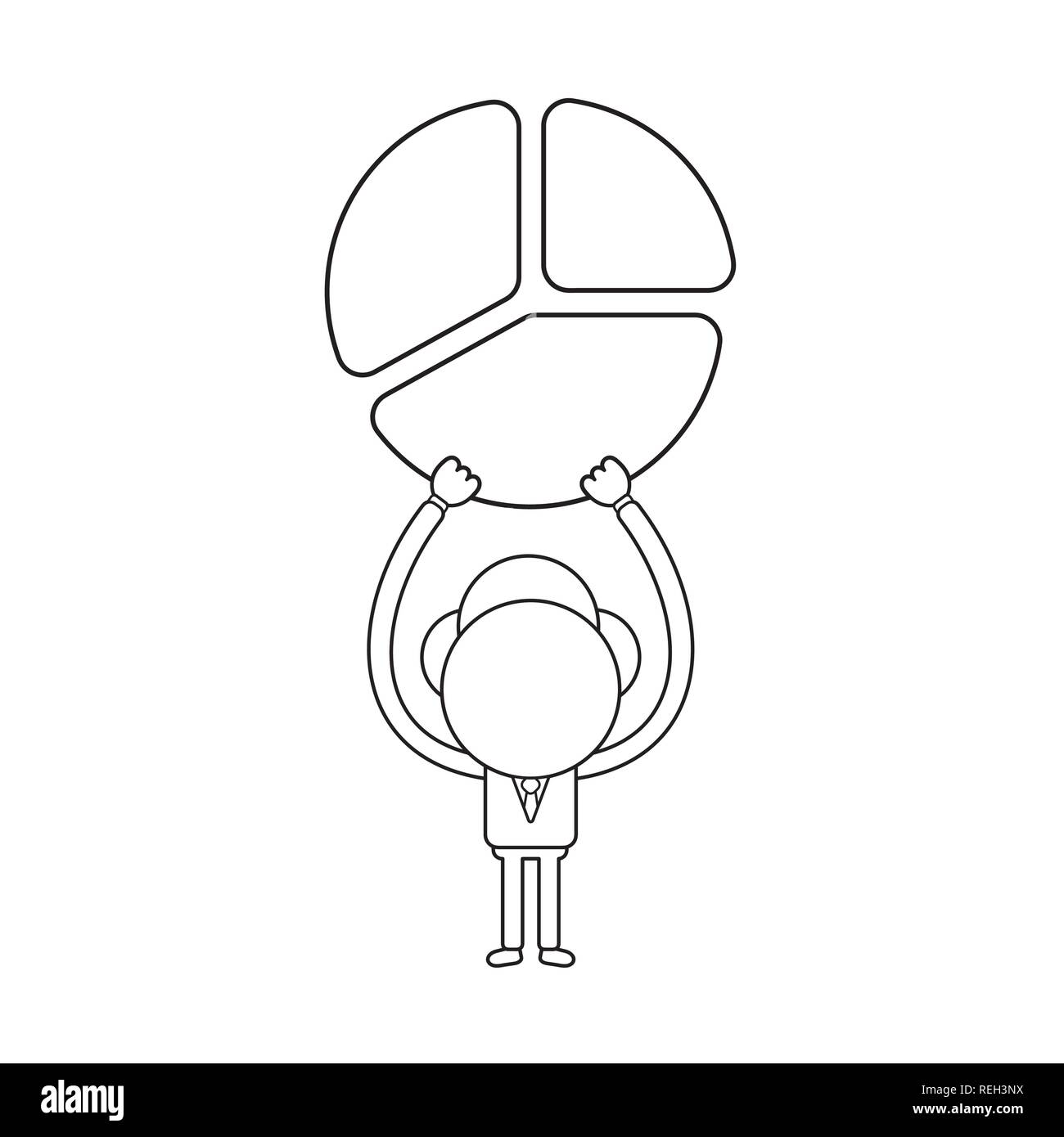 Vector illustration businessman character holding up three pieces diagram pie parts. Black outline. Stock Vector