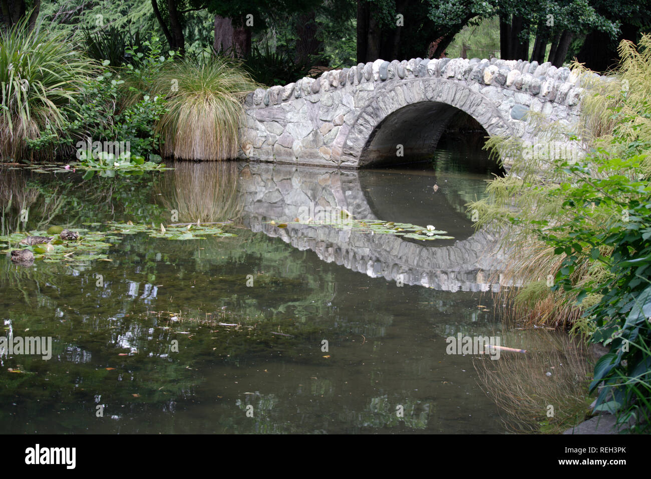Small bridge & pond, Queenstown Gardens in Queenstown, South Island of New Zealand Stock Photo
