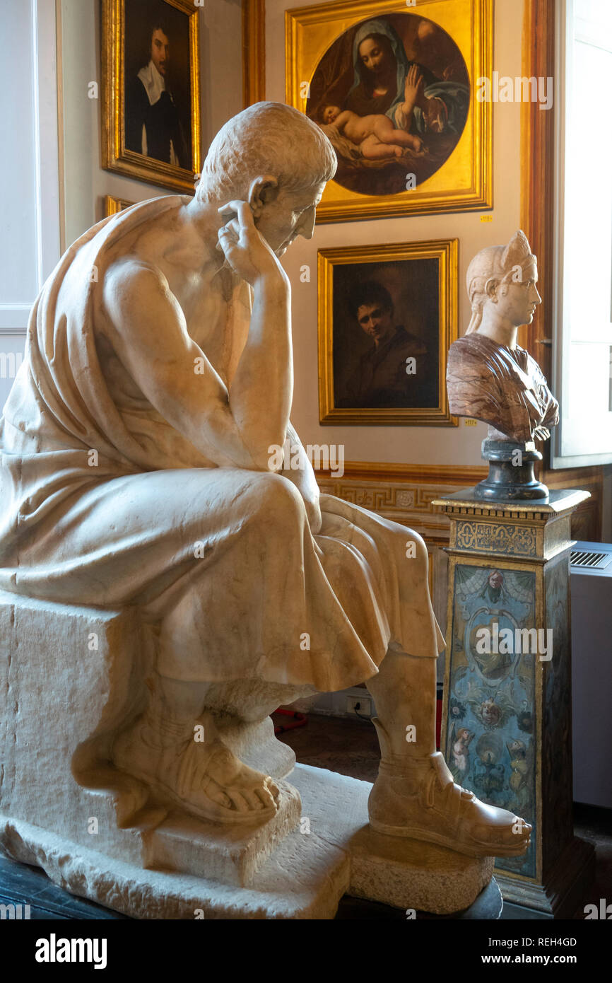 Italy Rome Galleria Spada Gallery Palazzo statue of Greek philosopher, Aristotle in a sitting thinking pose Stock Photo