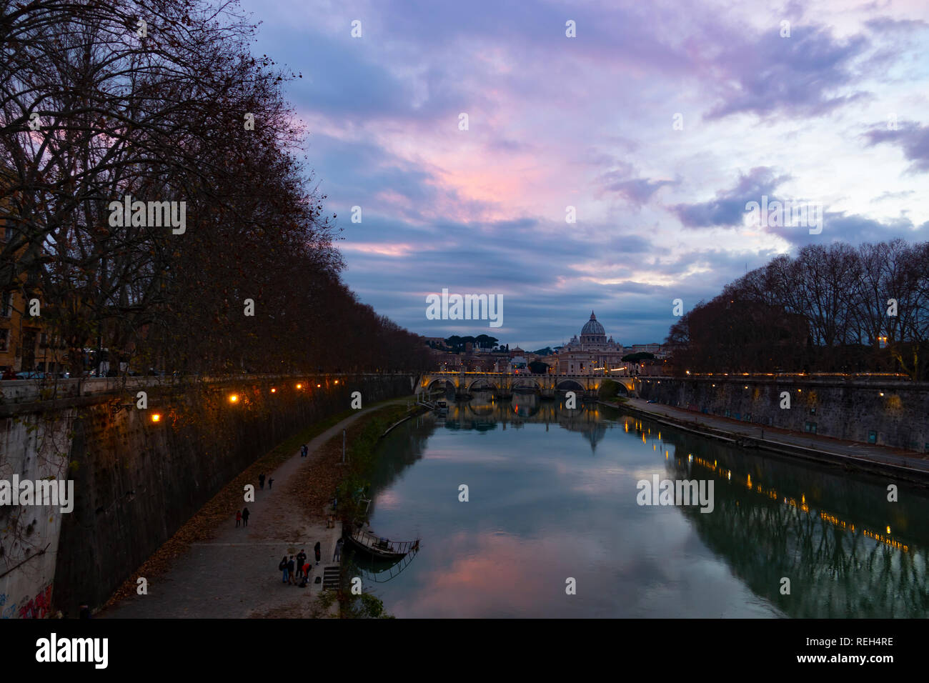 Europe Rome Italy The Tiber River passes by the Vatican City and St Peters Basilica at dusk evening Stock Photo