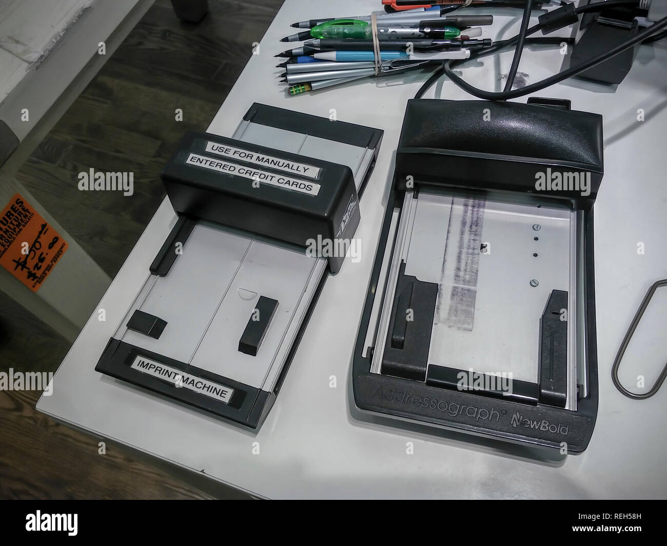 Partially obsolete and seldom used credit card imprint machines in a store in New York on Saturday, January 19, 2019. (Â© Richard B. Levine) Stock Photo