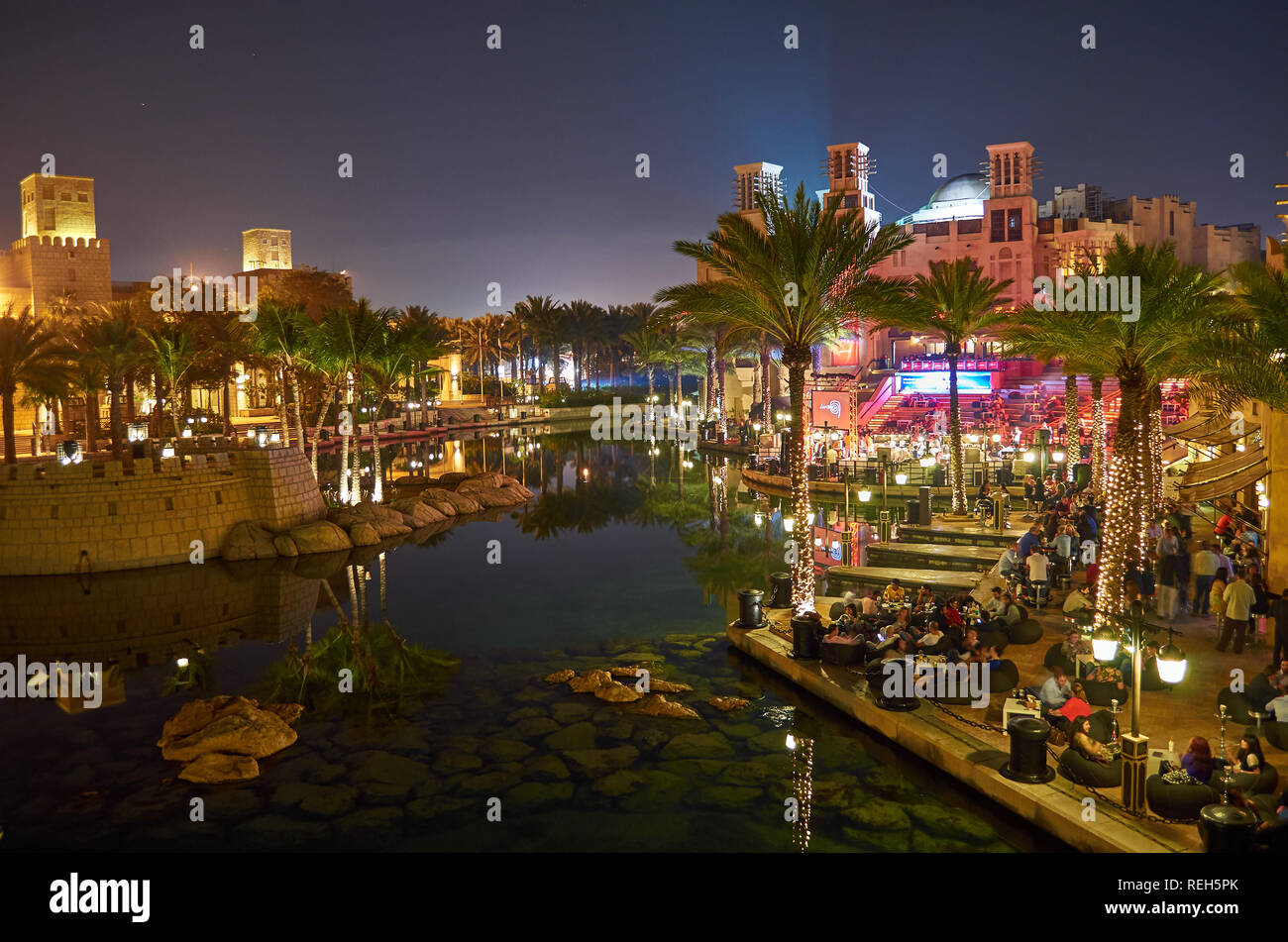 Souk Madinat Jumeirah, luxury hotel. Night life in Dubai, United Arab Emirates Stock Photo