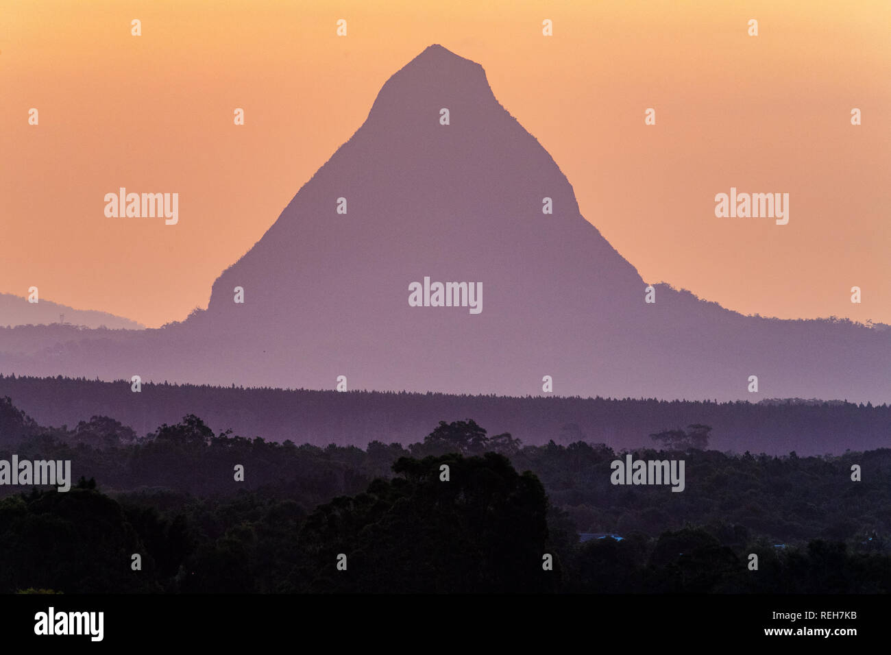 Sunset at Mount Beerwah in the Glasshouse Mountains on the Sunshine Coast in Queensland, Australia Stock Photo