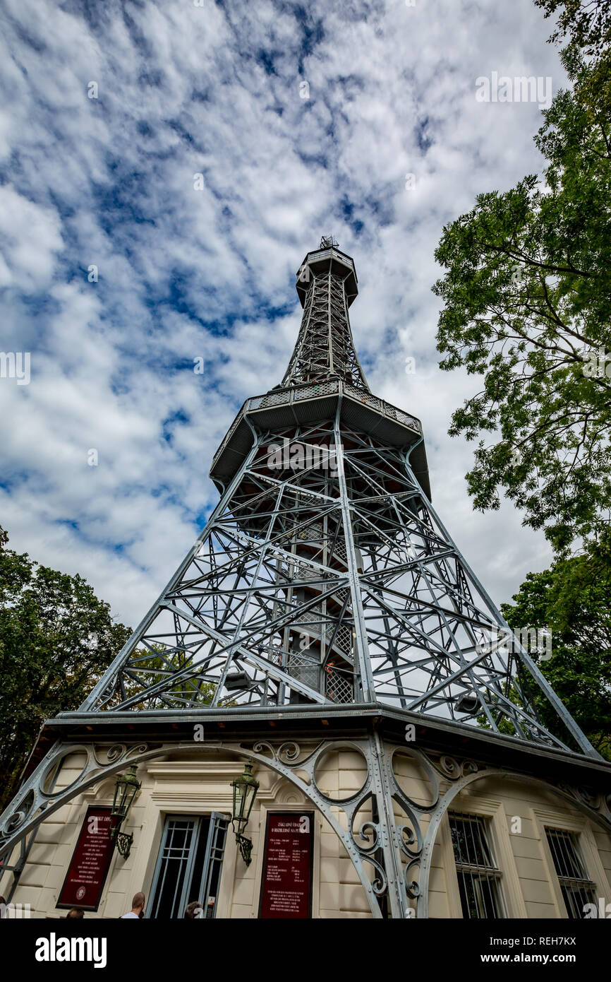 PRAGUE, CZECH REPUBLIC - AUGUST 28, 2015: Petrin observation and lookup tower in the Petrin park in West Prague is one of the most visited tourist att Stock Photo