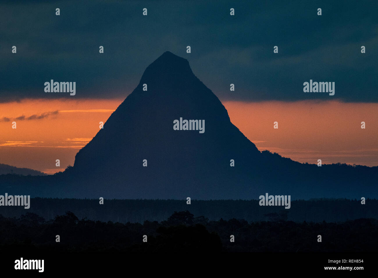 Sunset at Mount Beerwah in the Glasshouse Mountains on the Sunshine Coast in Queensland, Australia Stock Photo