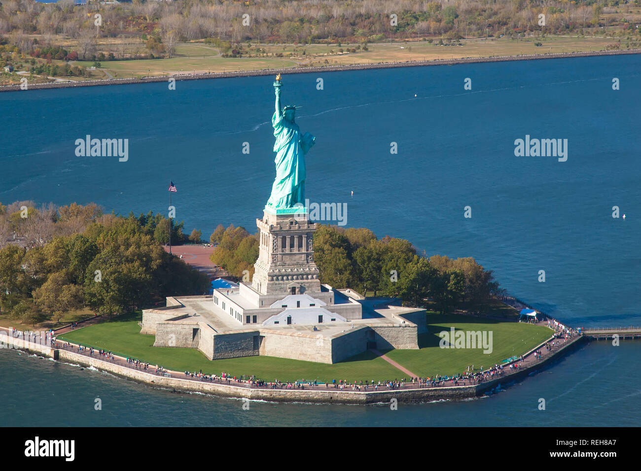 A panoramic view of statue of liberty. Aerial view. Liberty