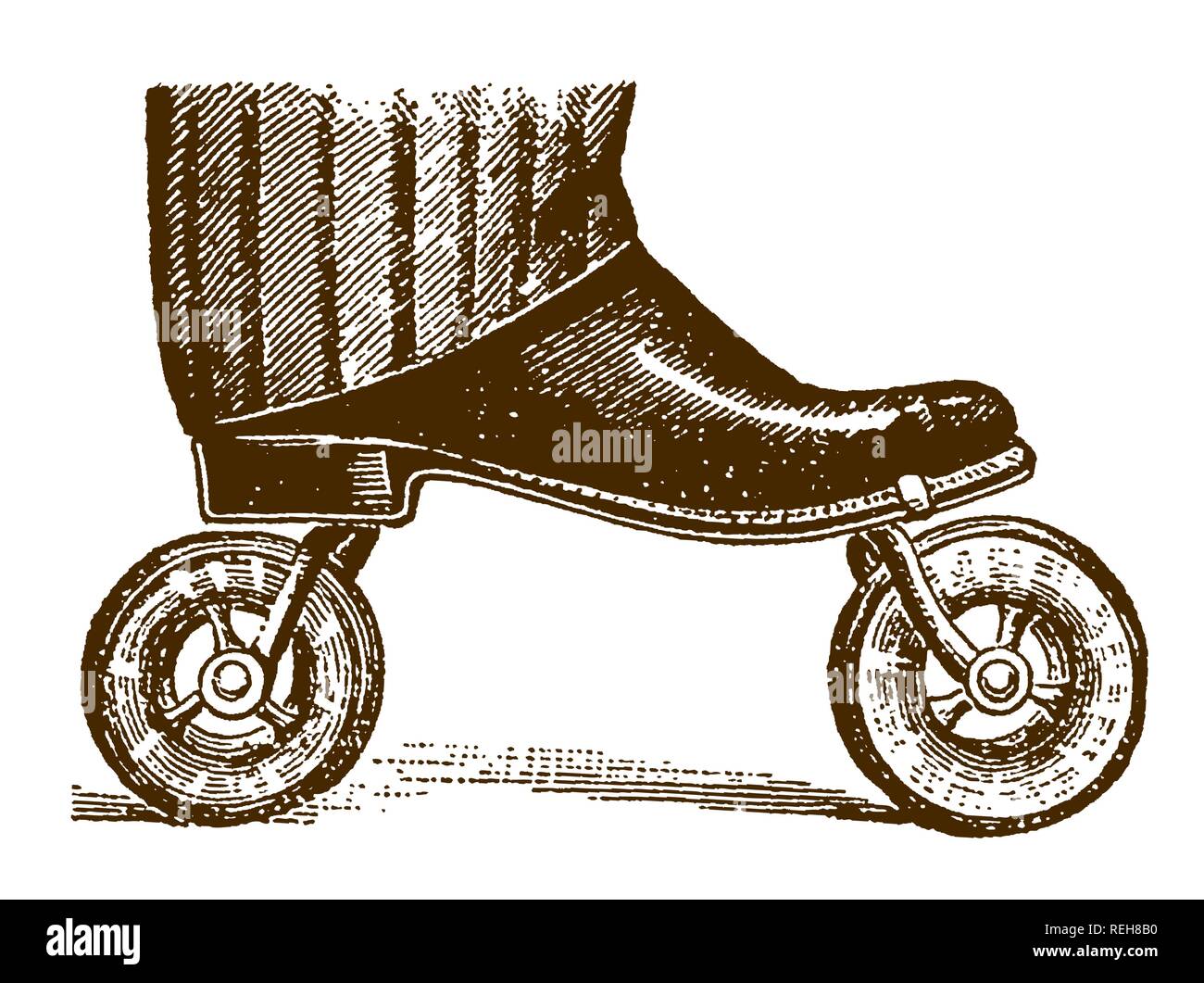 Historic roller skate with pneumatic tires clamped or strapped on the sole of a shoe (after an etching or engraving from the 19th century) Stock Vector