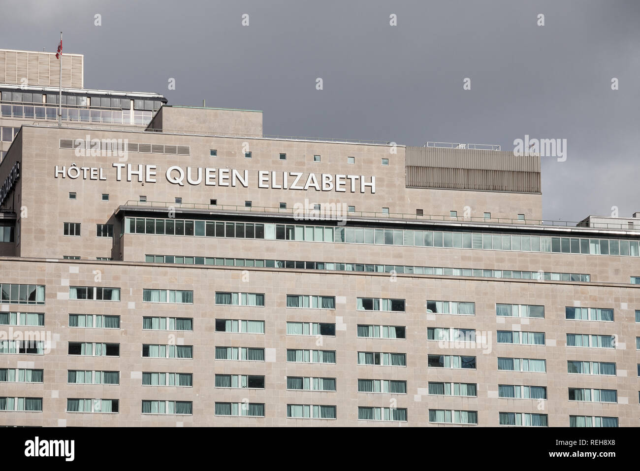 MONTREAL, CANADA - NOVEMBER 7, 2018: The Queen Elizabeth logo on their building in downtown Montreal, Quebec. Hotel Reine Elizabeth is a landmark and  Stock Photo