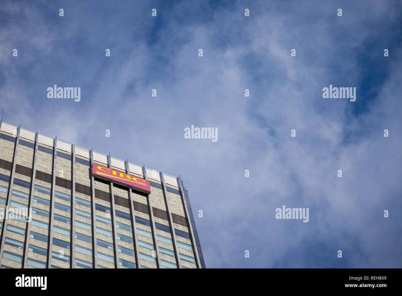 MONTREAL, CANADA - NOVEMBER 7, 2018: CIBC logo, in front of one of their main offices in the center of Montreal. Called as well Canadian Imperial Bank Stock Photo