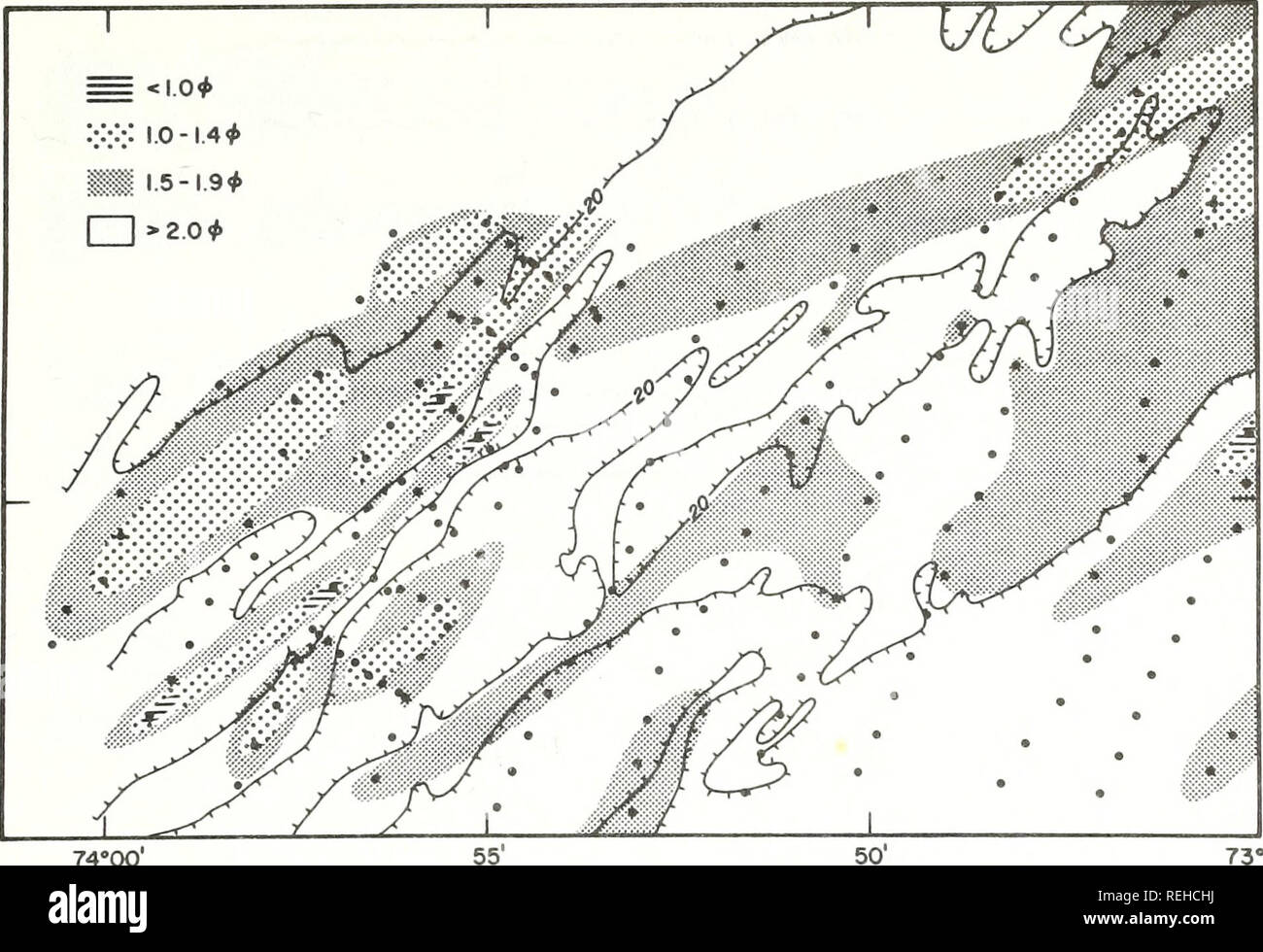 . Collected reprints / Atlantic Oceanographic and Meteorological Laboratories [and] Pacific Oceanographic Laboratories. Oceanography Periodicals.. New York-New Jersey shelf 73. 39*10 N ^o-- Z3'05' 74°00' 73&quot;45' W Fig. 3. Simplified bathymetry and distribution of grain sizes on a portion of the central New Jersey shelf. Medium to fine sand occurs on ridge crests. Fine to very fine sand occurs on ridge flanks and in troughs. Locally, erosion in troughs has exposed a thin lag of coarse, shelly, pebbly sand over lagoonal clay. (Reprinted from Stubblefield et al. 1974 by permission of the Jour Stock Photo