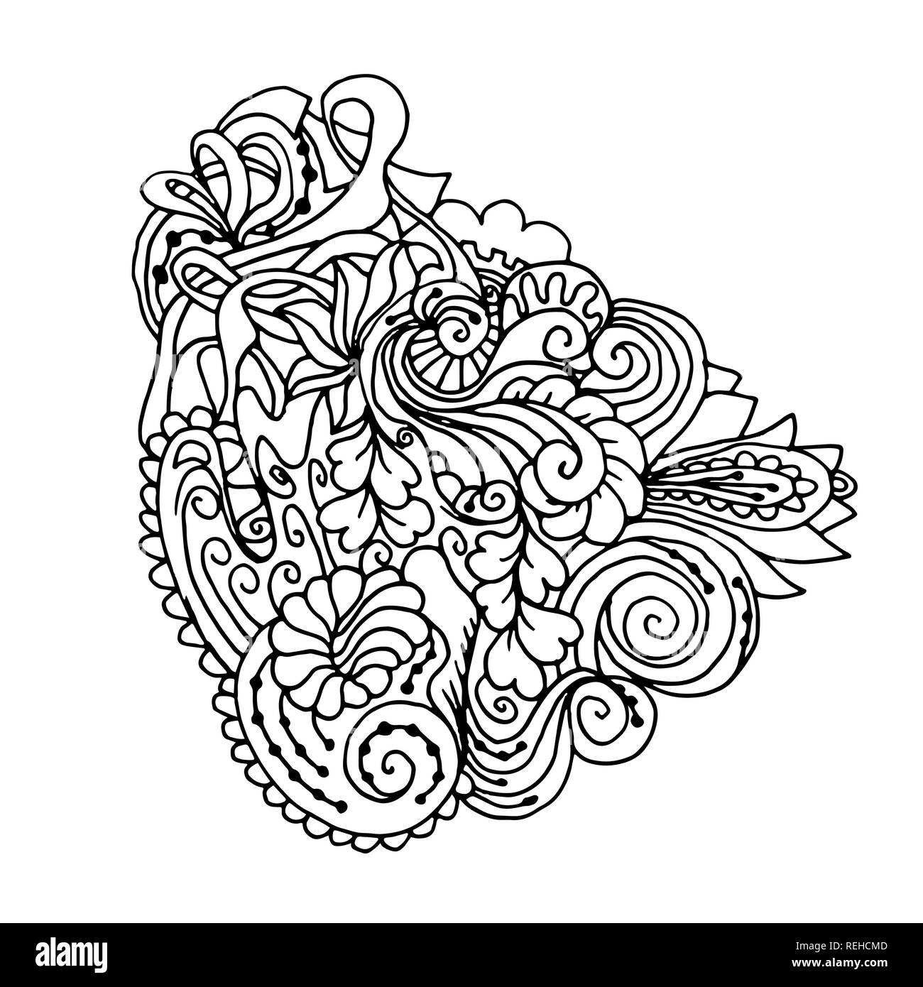 Mono color black line art element for adult coloring book page design.Floral collection. Ethnic doodle ornament Stock Vector