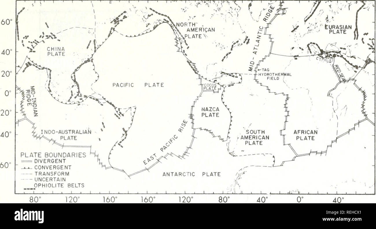 . Collected reprints / Atlantic Oceanographic and Meteorological Laboratories [and] Pacific Oceanographic Laboratories. Oceanography Periodicals.. Fig. 2- World map showing principal plates, plate boundaries, and belts of oceanic crust exposed on land (ophiolites; after Coleman (19711), matter. According to the static earth model, a buried basement ridge, pres- ent beneath the seaward edge of many continental shelves, served as the barrier required to restrict water circulation. Consequently, hydrocar- bon accumulations were assumed to terminate at the seaward edge of the continental shelf at  Stock Photo