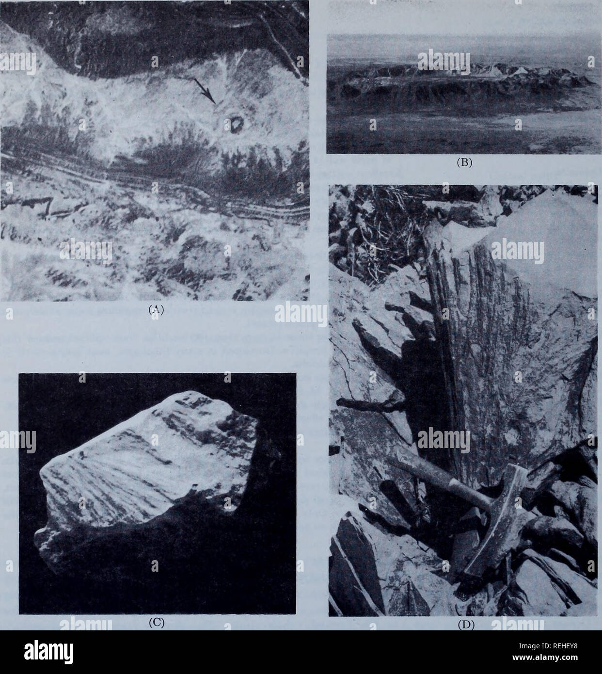 . Collected reprints / Atlantic Oceanographic and Meteorological Laboratories [and] Pacific Oceanographic Laboratories. Oceanography Periodicals.. 274 SHOCK .METAMORPHISM OF NATURAL MATERIALS. Plate III—Gosses Bluff Cryptoexplosion Structure, Australia A. Gemini IV space photo (no. V-2-22) giving a view B. Aerial oblique view of Gosses Bluff in central Aus- of Gosses Bluff from near space. Central uplift (dark ring) tralia showing the central uplift of the cryptoexplosion about 3 miles across is surrounded by an outer ring syn- structure which is presumably an astrobleme. Photo from cline (gho Stock Photo