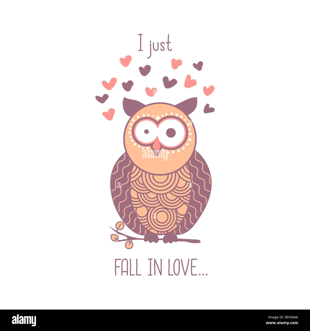 I just fall in love. Cute pink shocked cartoon owl with hearts. Isolated element for greeting card design for Valentines Day holiday. Vector illustration Stock Vector