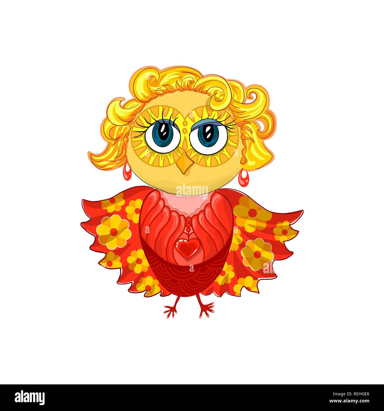 Cute feminine owl with blond hair, earrings, pendant or medallion with red heart and beautiful make up eyes. Spread wings with yellow flower pattern. Isolated vector element for cartoon design. Stock Vector