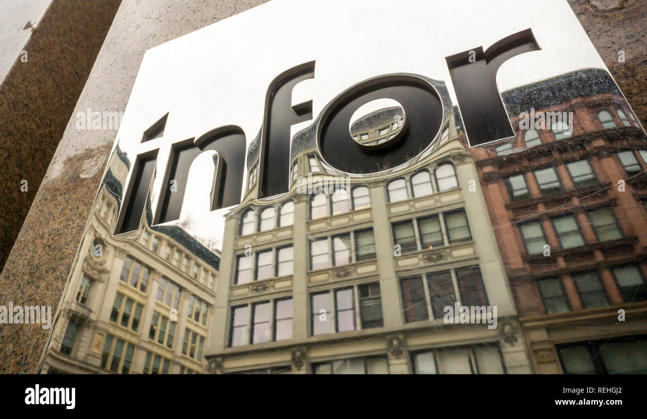 Branding on the exterior of an office building in Chelsea in New York on Wednesday, January 16, 2019 informs that the buildings tenants includes the New York headquarters of the enterprise software company, Infor. Infor announced that it has received a $1.5 billion investment led by Koch Equity Development and Golden Gate Capital, possibly leading up to an IPO within two years. (Â© Richard B. Levine) Stock Photo