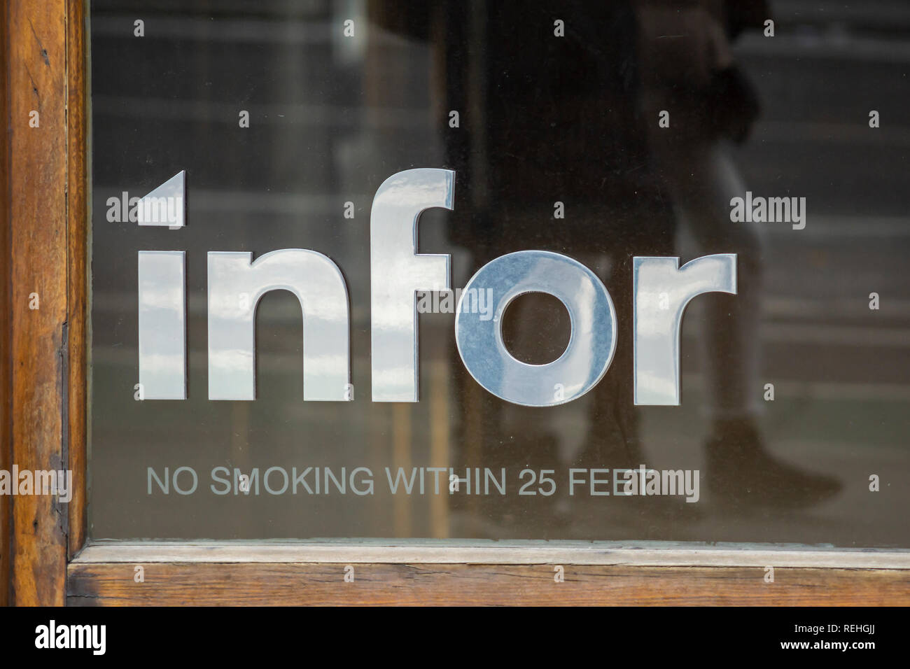Branding on the exterior of an office building in Chelsea in New York on Wednesday, January 16, 2019 informs that the buildings tenants includes the New York headquarters of the enterprise software company, Infor. Infor announced that it has received a $1.5 billion investment led by Koch Equity Development and Golden Gate Capital, possibly leading up to an IPO within two years. (© Richard B. Levine) Stock Photo
