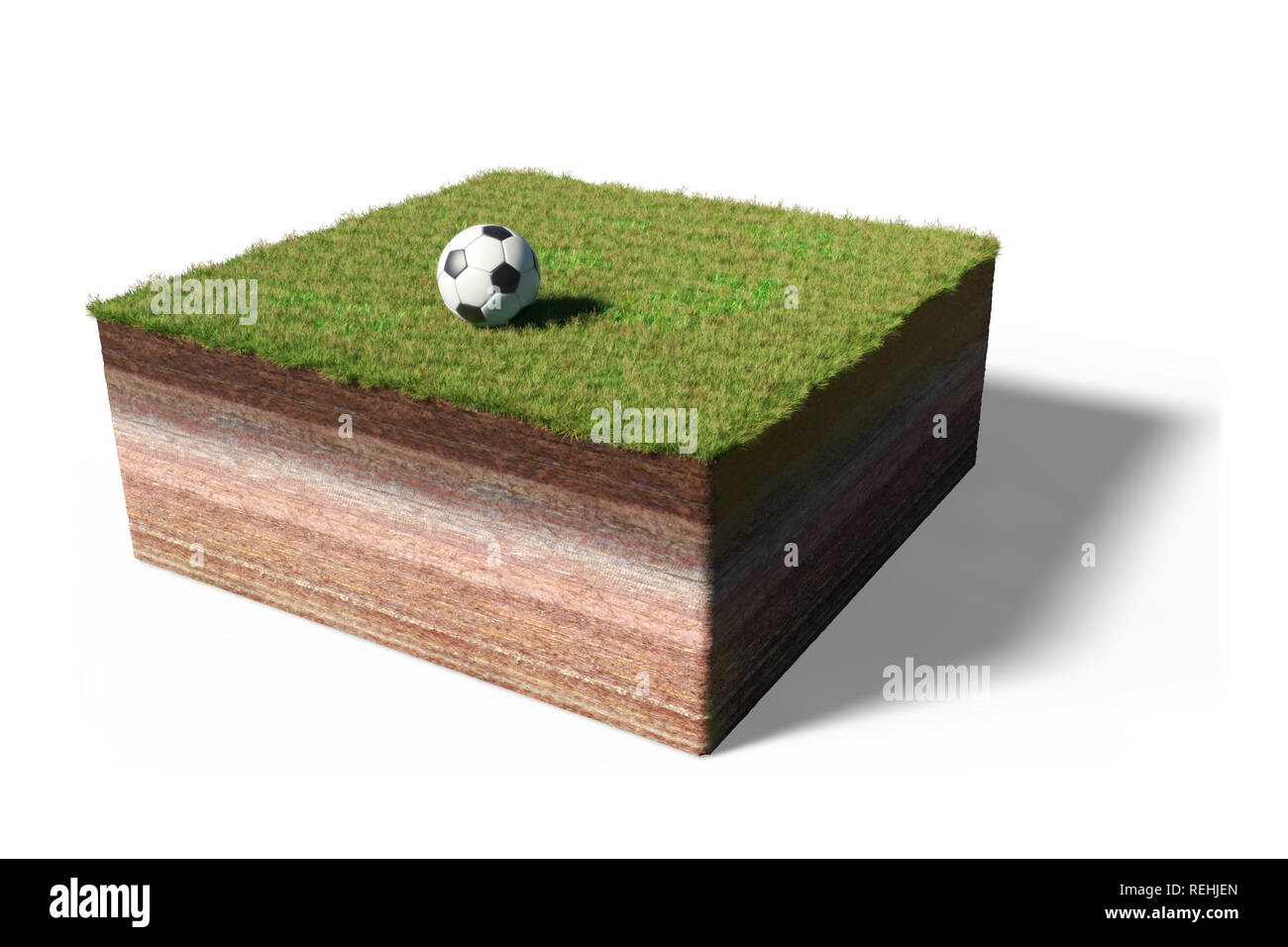 model of a cross section of ground with soccer ball on soccer field (3d illustration, isolated with shadow on white background) Stock Photo