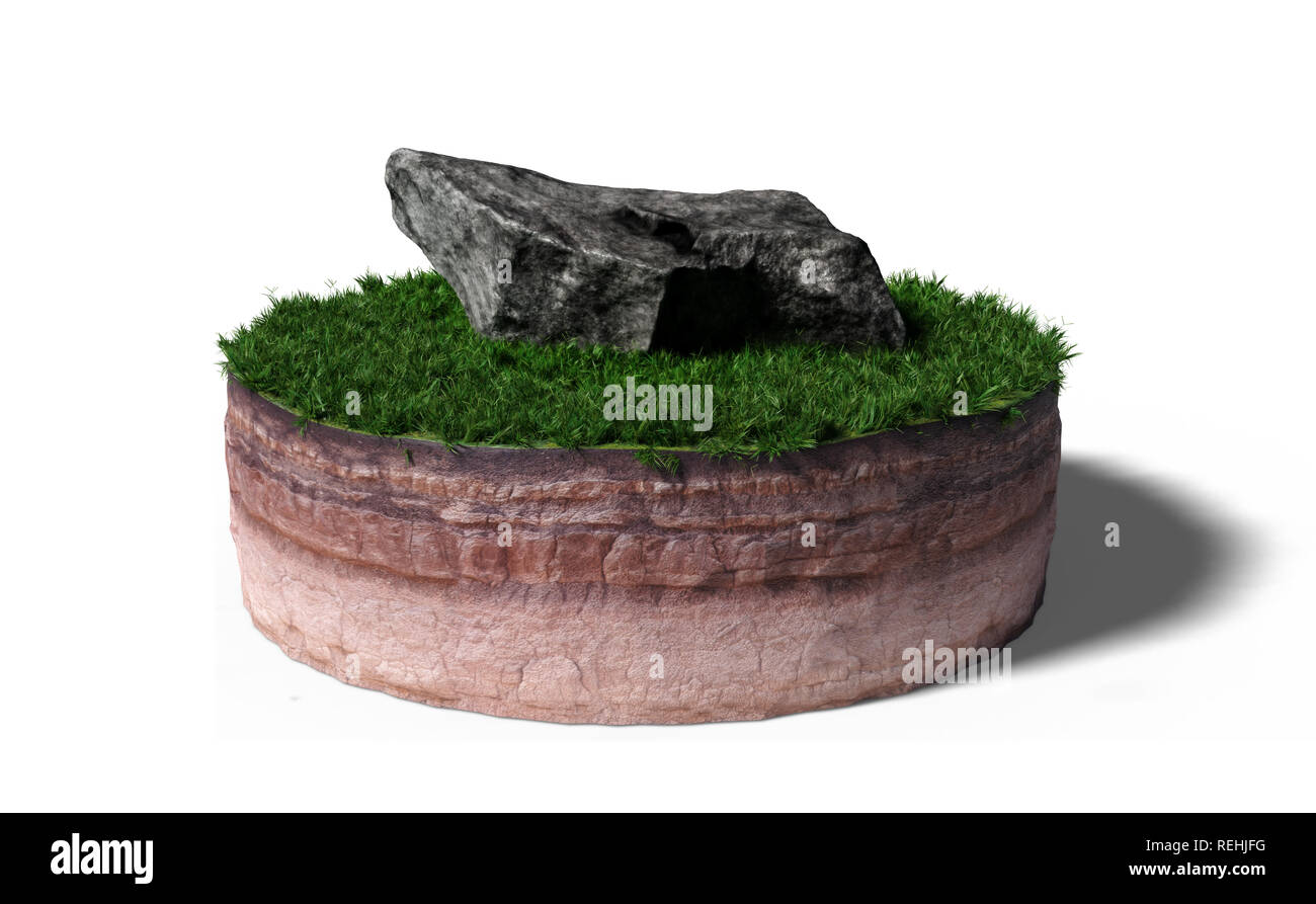 model of a cross section of ground with grass and a huge rock on the surface (3d render, isolated on white background) Stock Photo