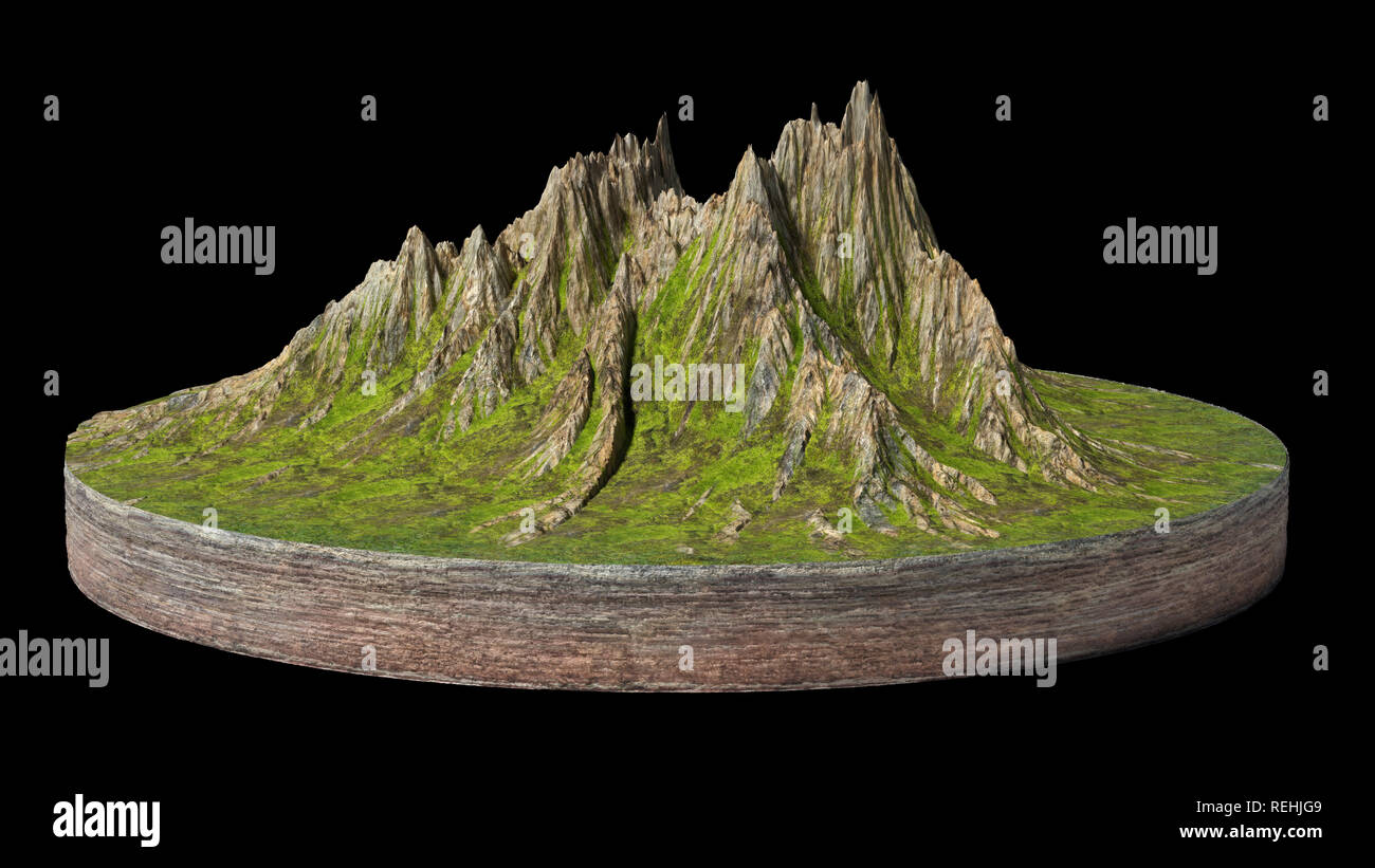 model of a cross section of ground with mountains and meadows (3d illustration, isolated on black background) Stock Photo