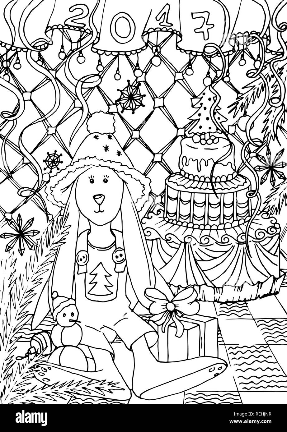 Download Adult Coloring Book Page Mono Color Black Ink Illustration Vector Art Xmas Or Merry Christmas Vertical Postcard Rabbit In New Year Interior Vector Illustration Stock Vector Image Art Alamy