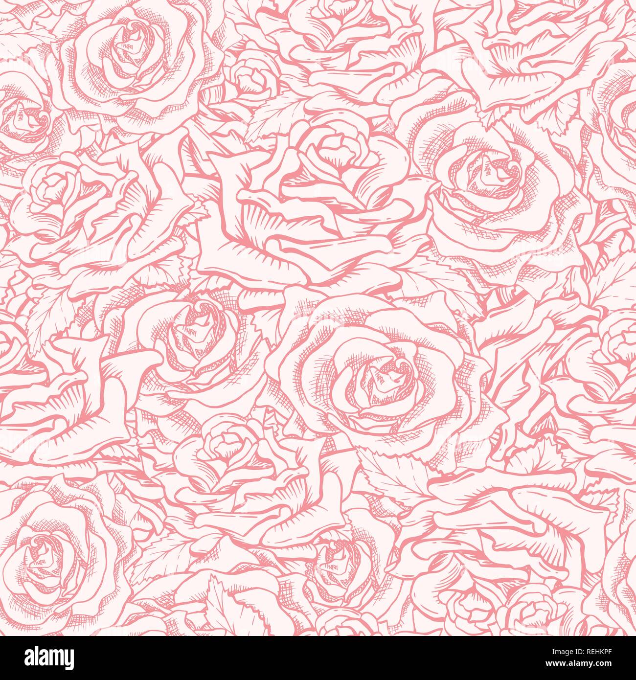 Red or Pink Roses Seamless Pattern with Sketch Hand Drawn Flowers for Valentines Day Gift Paper or Card Design. Engraved Freehand Rose. Floral Pattern Stock Vector