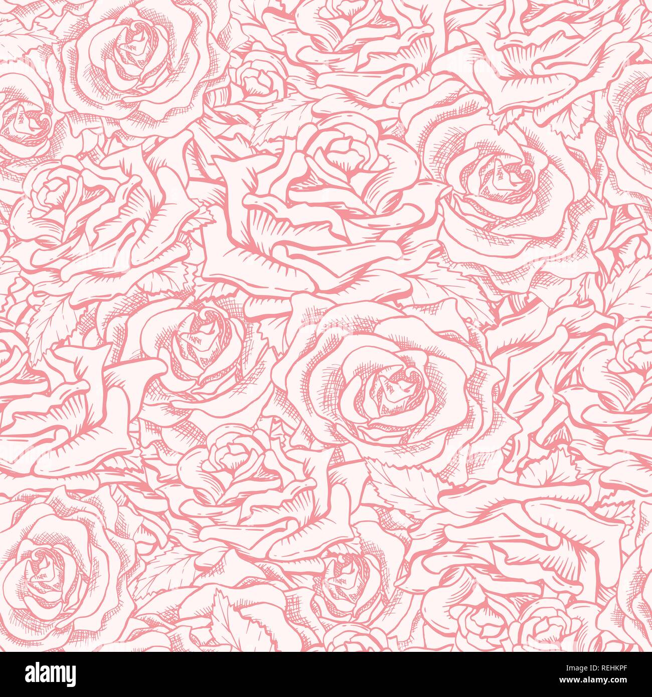 Red or Pink Roses Seamless Pattern with Sketch Hand Drawn Flowers for