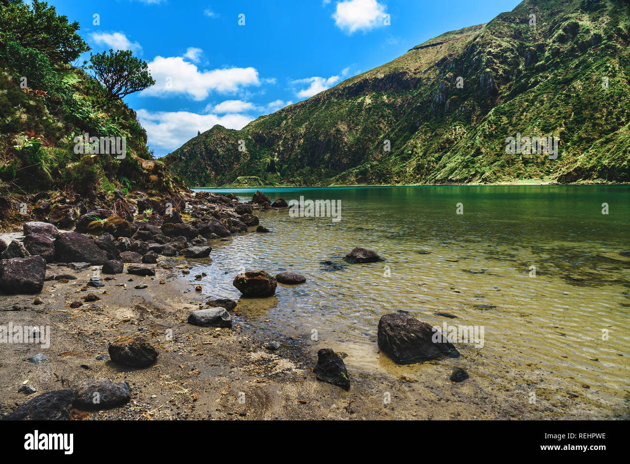Azores, Portugal. Beautiful lake lagoa do Fogo among the mountains on