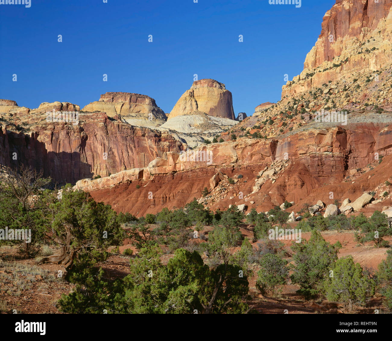 USA, Utah, Capitol Reef National Park, Golden Throne rises along the rugged western face of the Waterpocket Fold. Stock Photo