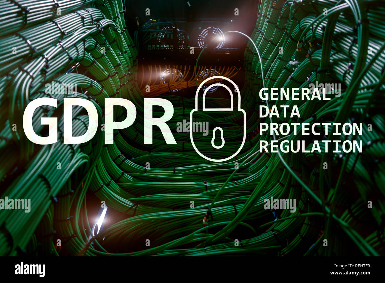 GDPR, General data protection regulation compliance. Server room background Stock Photo