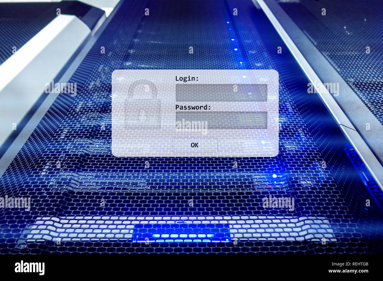 Server room, login and password request, data access and security Stock Photo